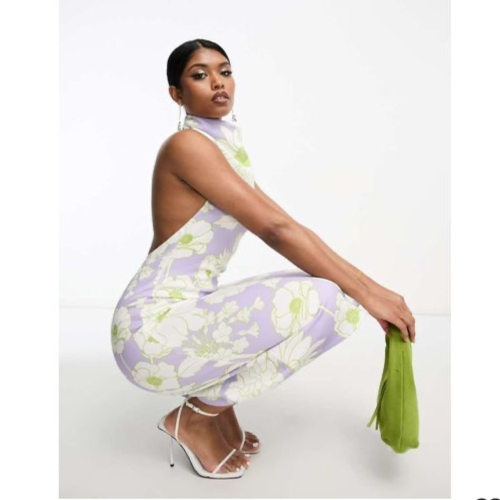 ASOS DESIGN HALTER NECK BODYCON MIDI DRESS IN PURPLE FLORAL SZ 2